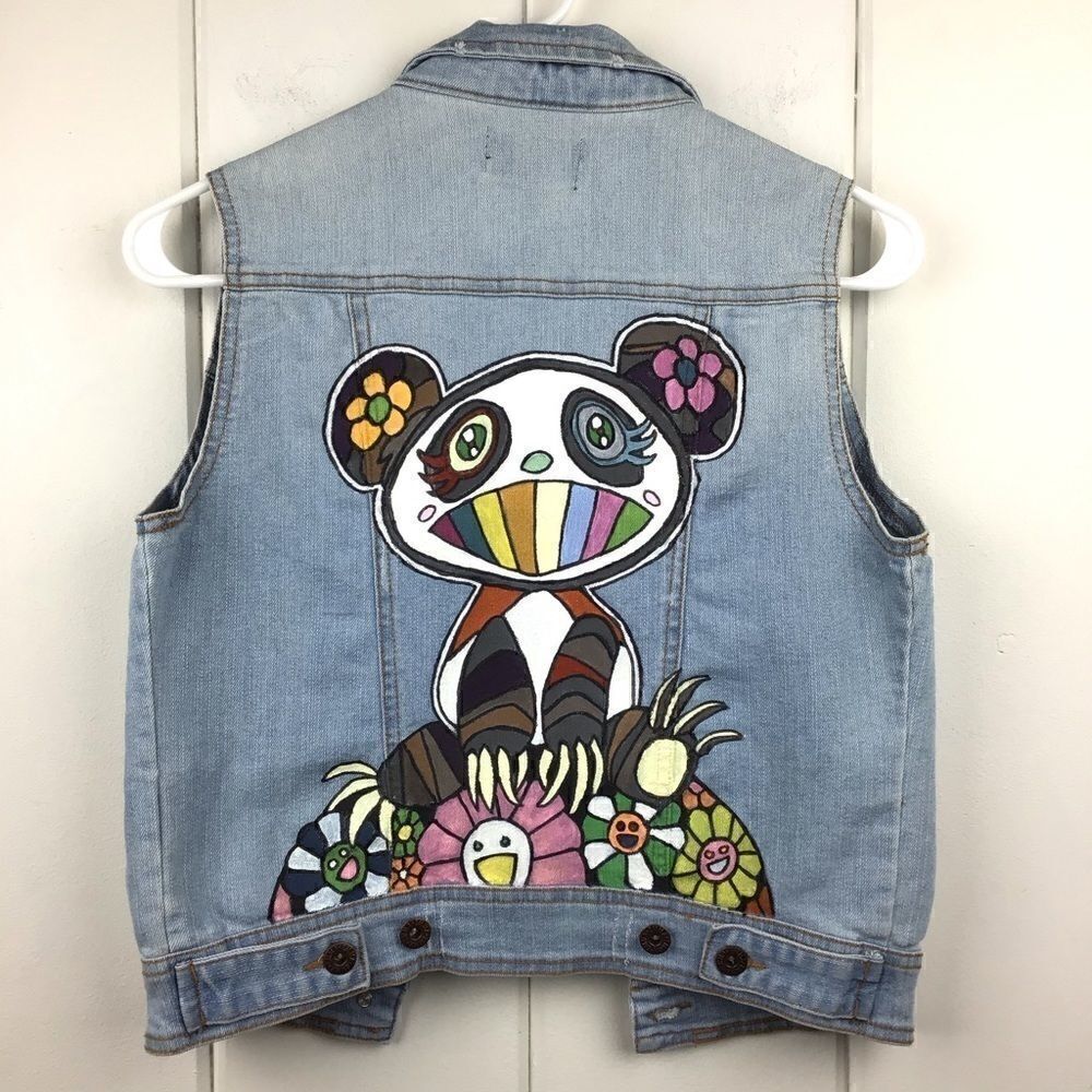 Emma Denim Vest Anime Hand Painted DIY Upcycled Japanese Animé, Size - Medium‎
